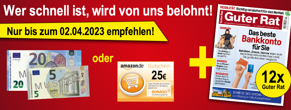 Countdown Aktion Leser werben + 25 € Scheck oder Amazon Gutschein